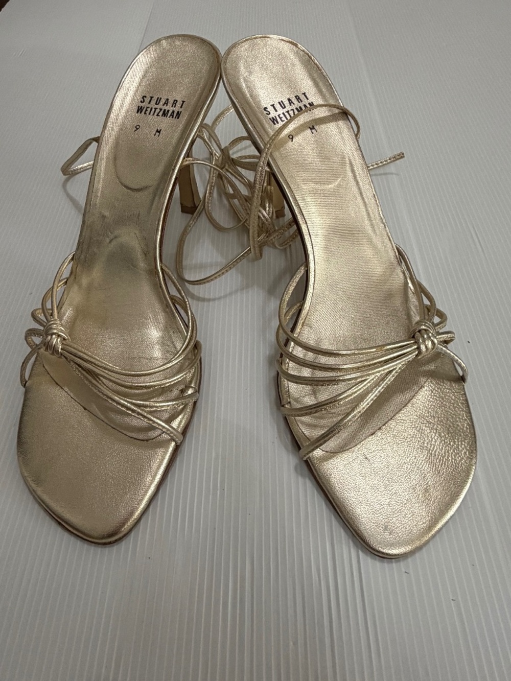 Stuart Weitzman Gold Metallic Strappy Lace Up Heeled Sandals Size 9M